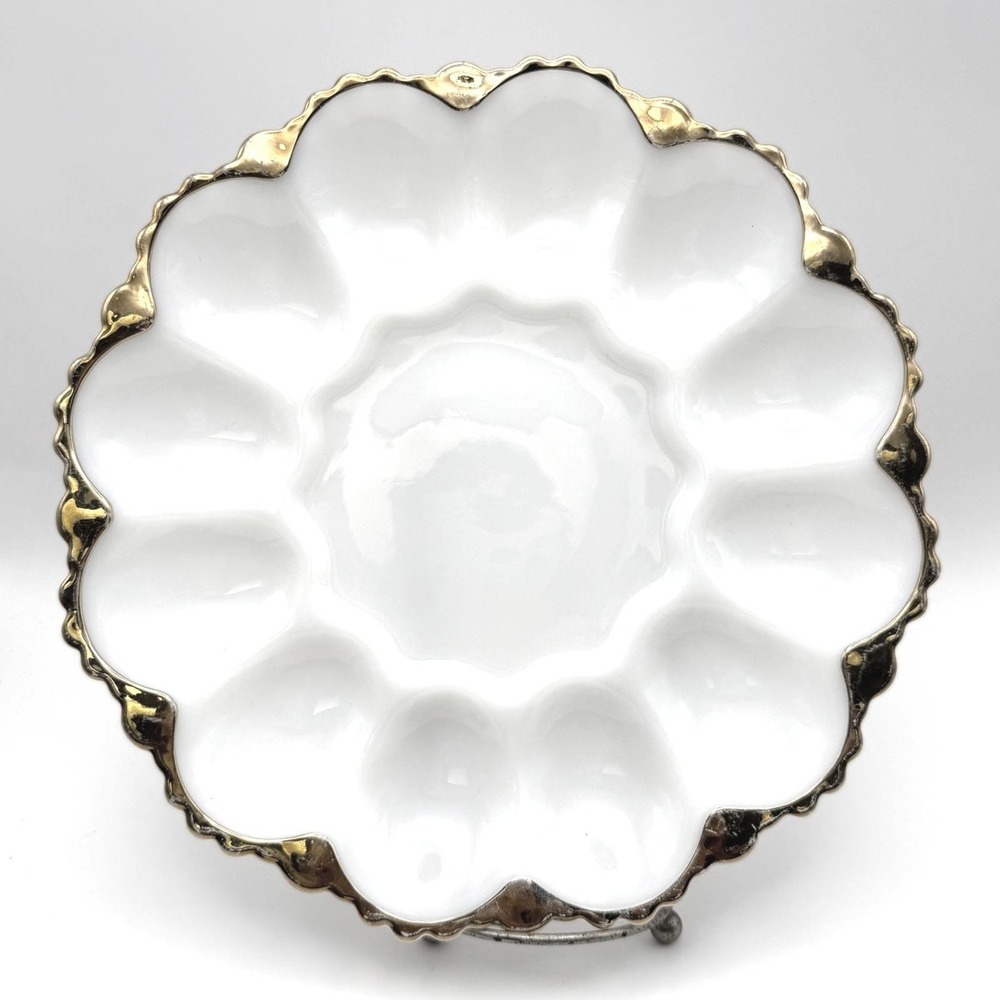 Vintage Milk Glass Deviled Egg Platter Gold Gilded Scalloped Rim 10 Inch White